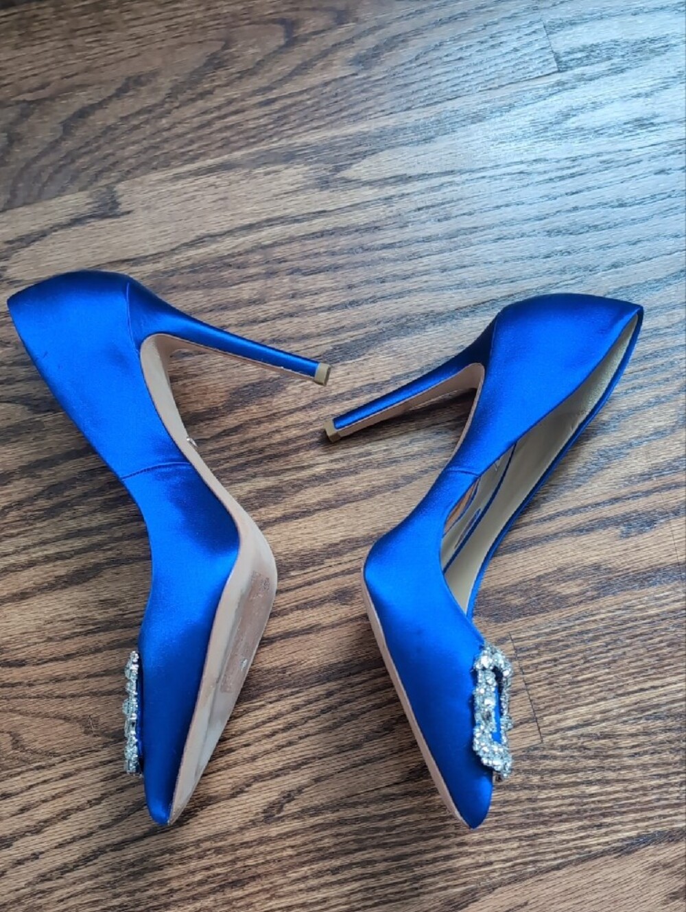Badgley Mischka Cobalt Blue Satin Pointed-Toe Pumps with Crystal Buckles - Picture 5 of 8